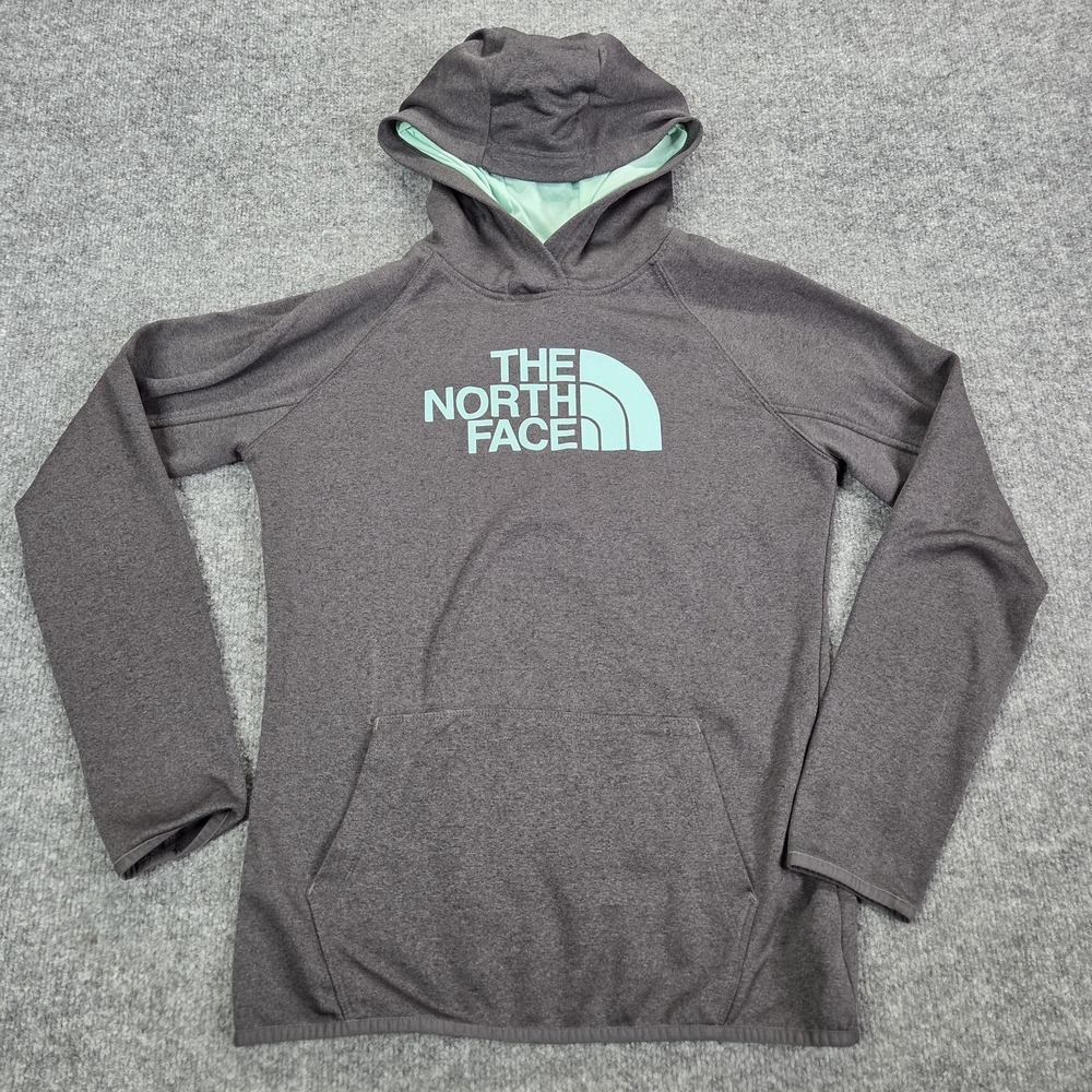 The North Face Hoodie Womens Medium Gray Pullover Fleece Logo Kangaroo Pocket‎